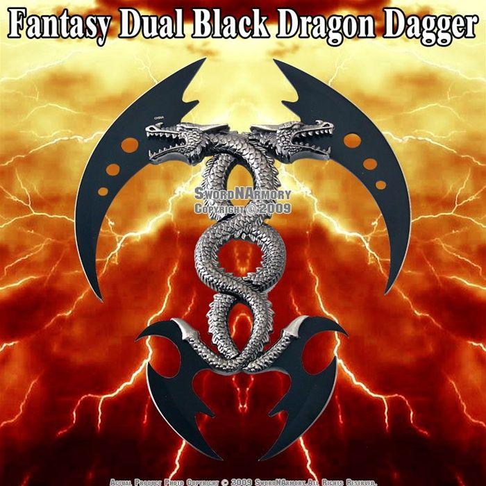 Orange and Black Dragon Logo - Fantasy Dual Black Dragon Dagger w/ Wall Mount Plaque