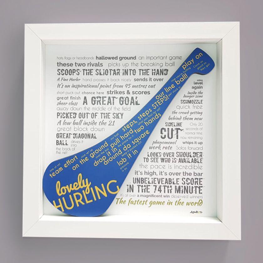 Blue Square with a Gold Harp Logo - Lovely Hurling Blue & Gold Saying Gifts. Avokado & Co