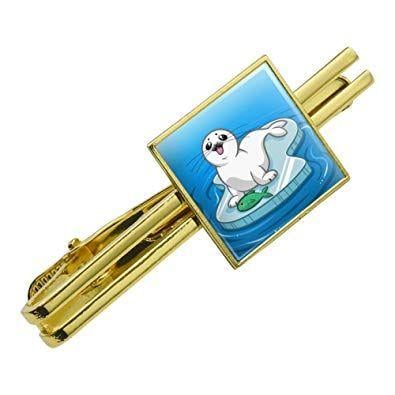 Blue Square with a Gold Harp Logo - Graphics and More Cute Harp Seal Pup on Ice with Fish