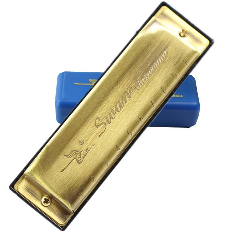 Blue Square with a Gold Harp Logo - Swan Harmonica 10 Hole 20 Tone Copper Reed Plate Bronzed Square