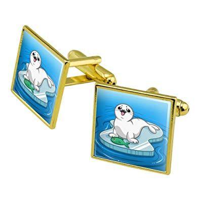 Blue Square with a Gold Harp Logo - Graphics and More Cute Harp Seal Pup on Ice with Fish