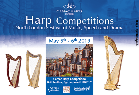 Blue Square with a Gold Harp Logo - Events Harps : Camac Harps