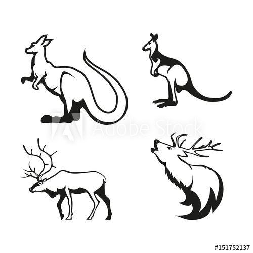 Kangaroo White Background with White Logo - Set of four black logo silhouettes of deer and kangaroo