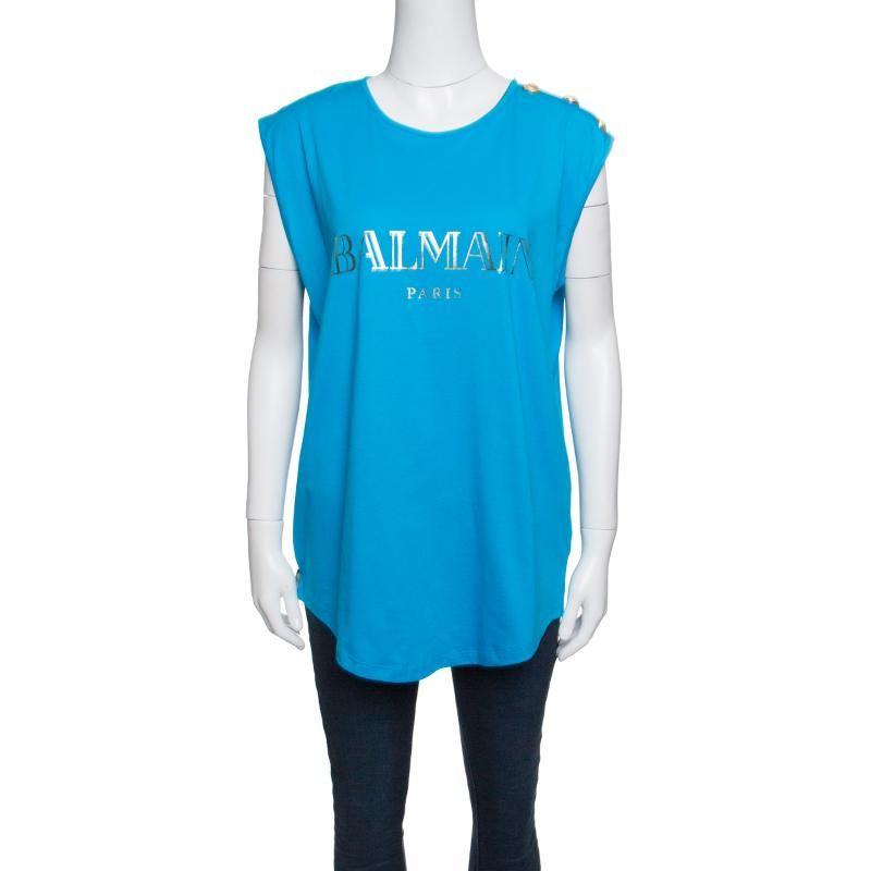 Blue L Logo - Balmain Cotton Shoulder Logo Button Detail Sleeveless T-shirt L in ...