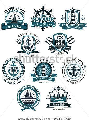 Nautical Trident Logo - Marine emblems and banners with helm, rope, yacht, lighthouse