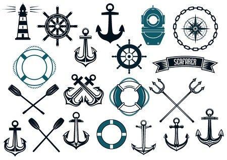 Nautical Trident Logo - Nautical themed design elements with lighthouse, rope, anchor