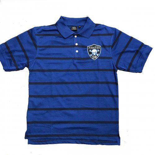 Striped Blue Logo - Poole Pirates Striped Blue Polo Shirt with Shield Logo
