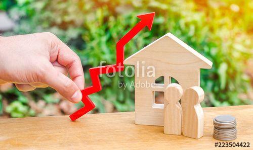 Red Arrow Real Estate Logo - wooden house, money with a red arrow up. concept of high demand
