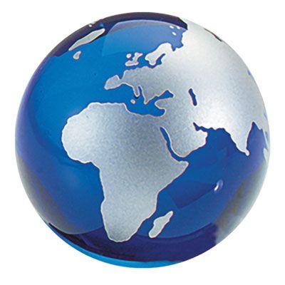 Blue World Globe Logo - Glass World Globe Paperweight - Blue Ocean Silver Continents