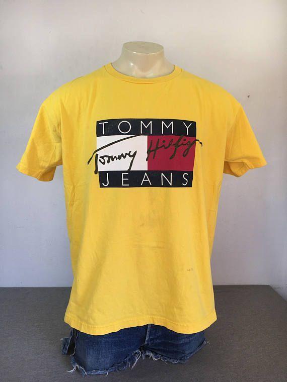 Classic Clothing Logo - TOMMY HILFIGER Shirt 90's Vintage/ Classic Logo Yellow Designer Hip