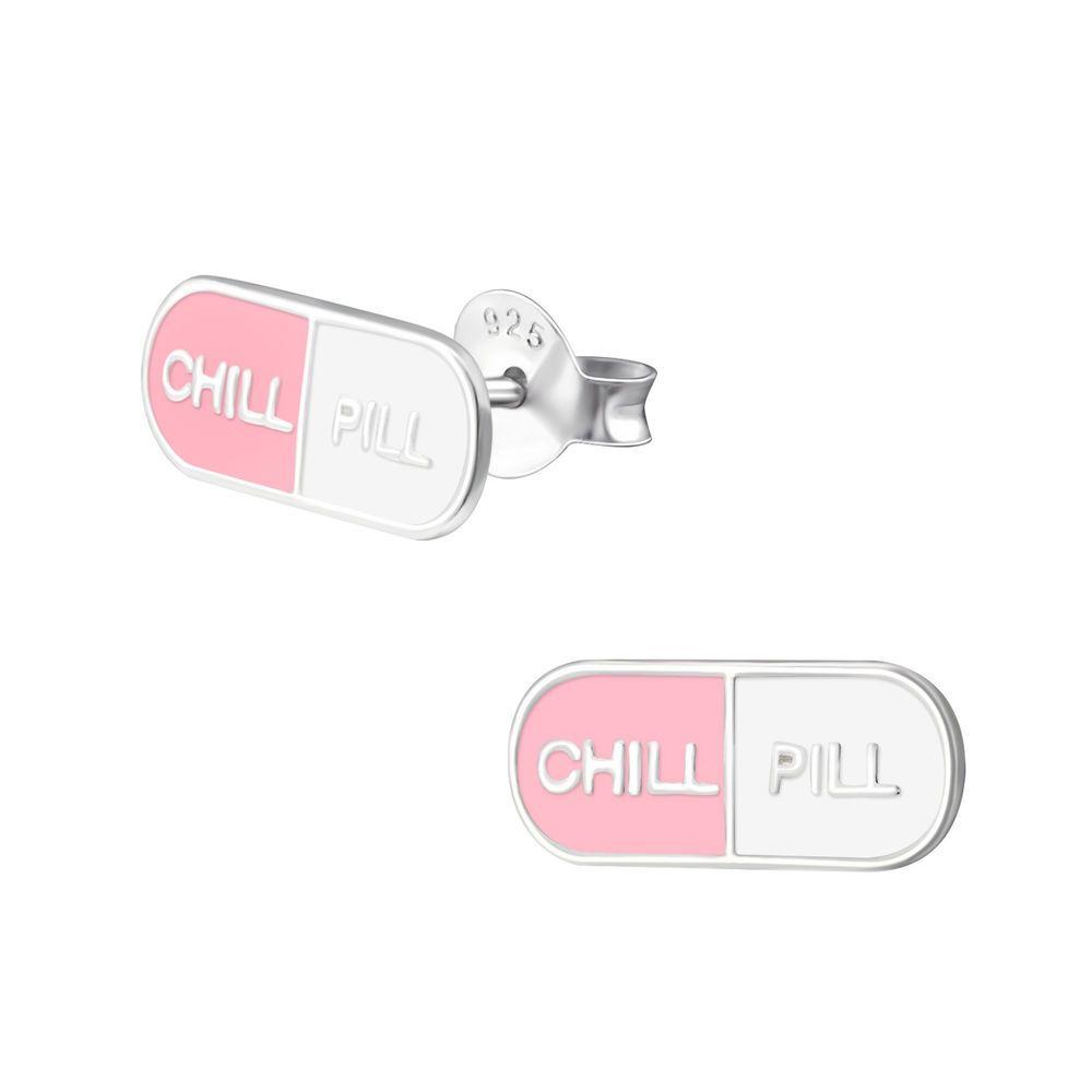 Chill Pill Logo - Sterling Silver 925 Novelty Pink Chill Pill Stud Earrings ...