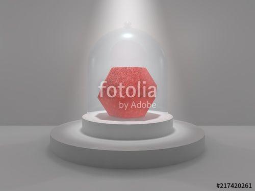 Red Circle with White Spot Logo - Dodecahedron in the center of the Studio on a round pedestal under a