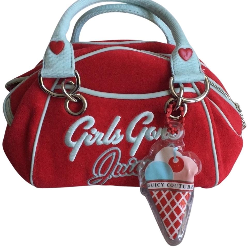Juicy Couture Hearts Logo - Juicy Couture Girls Gone Bowler Red Light Blue Velour Leather Hobo