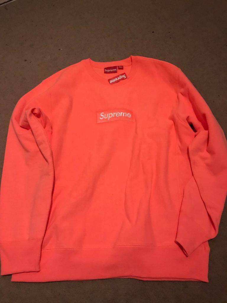 Pink Supreme Box Logo - supreme Box Logo Crew Neck Sweater. Fluorescent pink. Large