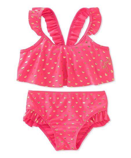 Juicy Couture Hearts Logo - Juicy Couture Pink & Tan Hearts Ruffle Bikini - Toddler & Girls | zulily