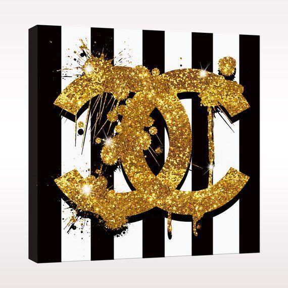 Gold Glitter Chanel Logo - Chanel Logo Thick Striped Gold Glitter Canvas Print art