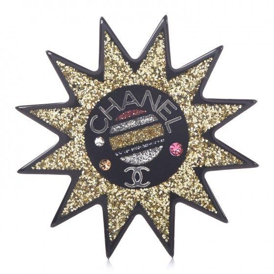Gold Glitter Chanel Logo - Shoptagr | Chanel Resin Glitter Cc Star Brooch Black Gold by Chanel