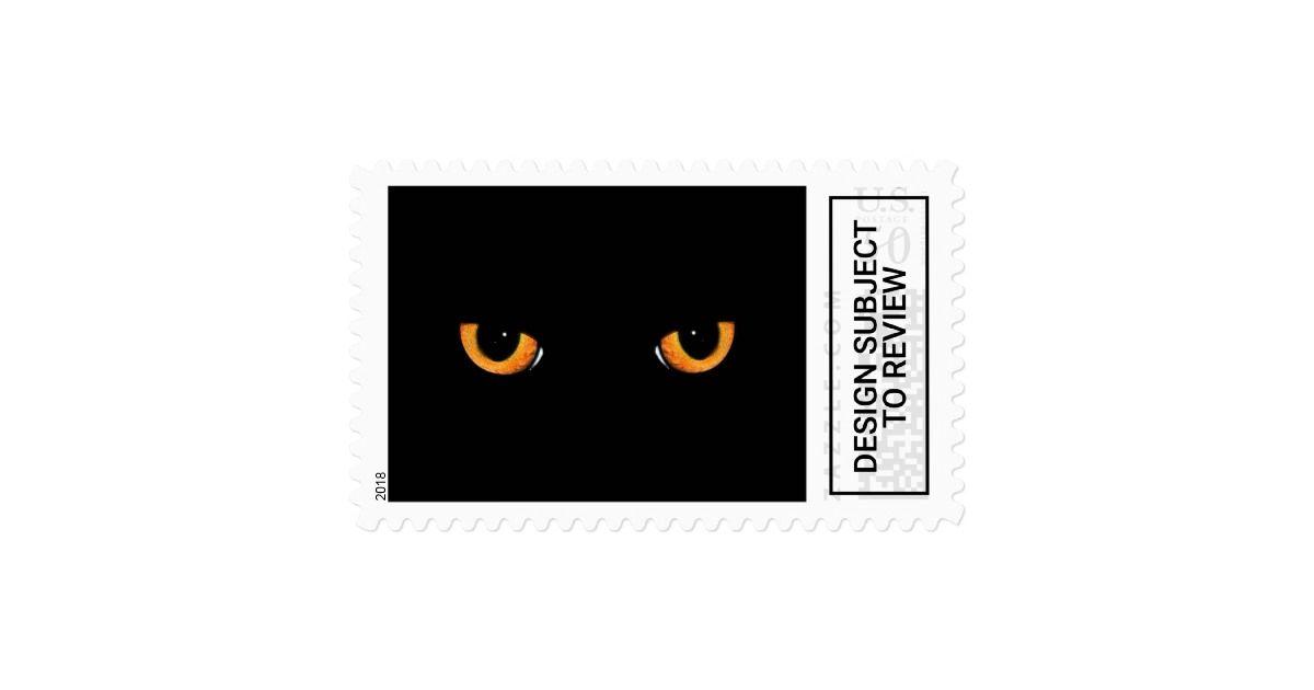 Black and White with Orange Eyes Logo - Black Cat Orange Eyes Halloween Postage Stamp