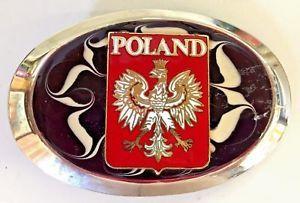 Oval Swirl Logo - Vintage Poland Oval Belt Buckle Enamel Chrome Flag Shield Red Swirl