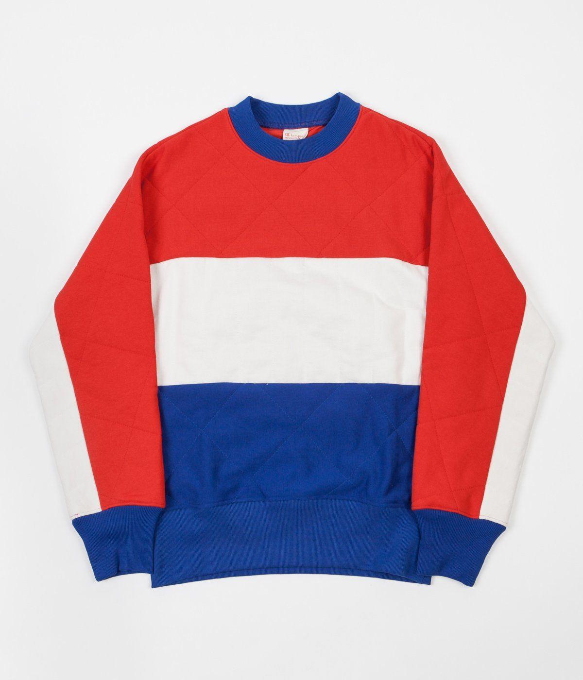 Red White and Blue Clothing Logo - Champion Quilted Ski Crewneck Sweatshirt - Red / White / Blue | Flatspot