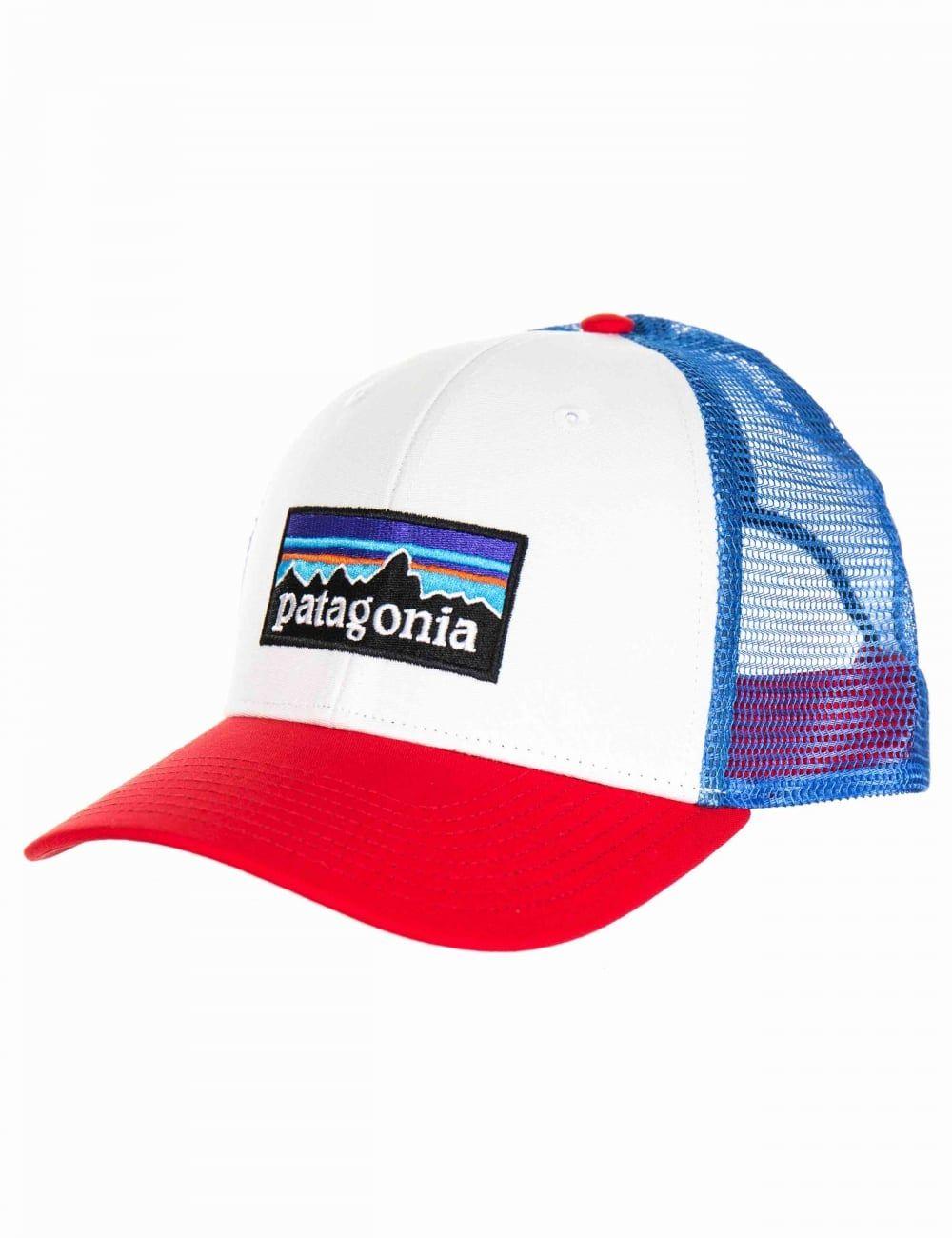 Red White and Blue Clothing Logo - Patagonia P-6 Logo Trucker Hat - White with Fire Red/Andes Blue ...