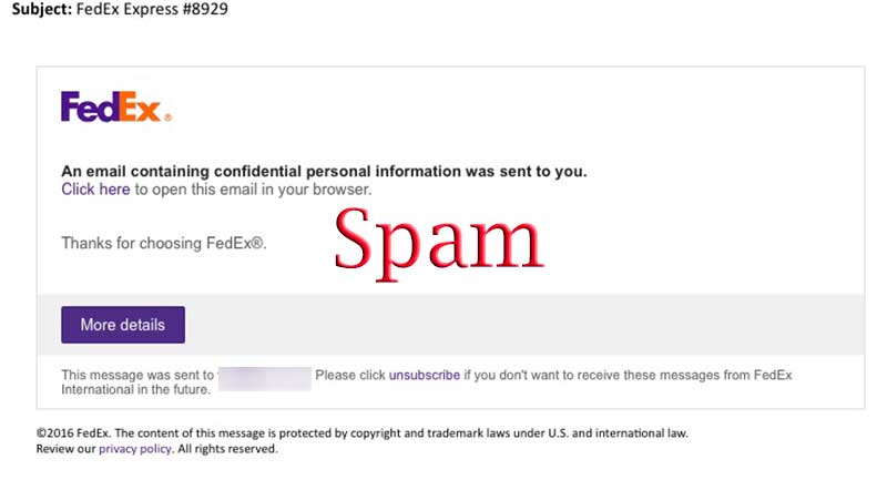 Fake FedEx Logo - Bogus Confidential Personal Information FedEx Email Points to Spam