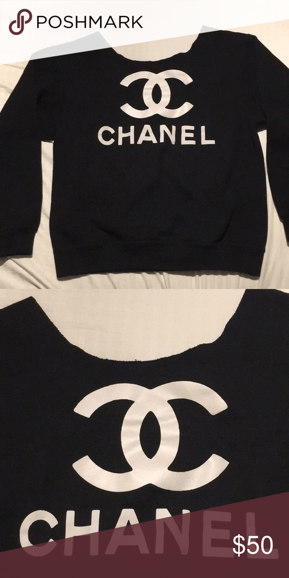Large Chanel Logo - Chanel sweatshirt Black sweatshirt with white Chanel logo. Cut crew ...