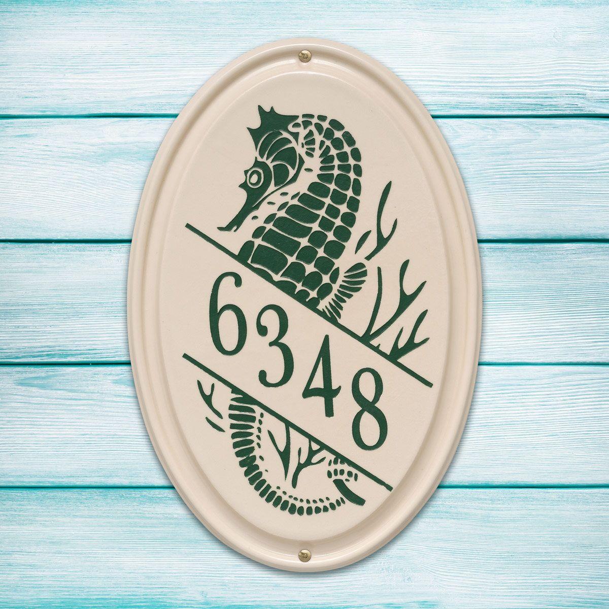 Vertical Oval Logo - Seahorse Vertical Oval Personalized Address Plaque - Green