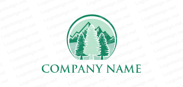 Pine Tree Circle Logo - pine trees in front of mountains with river and circle. Logo