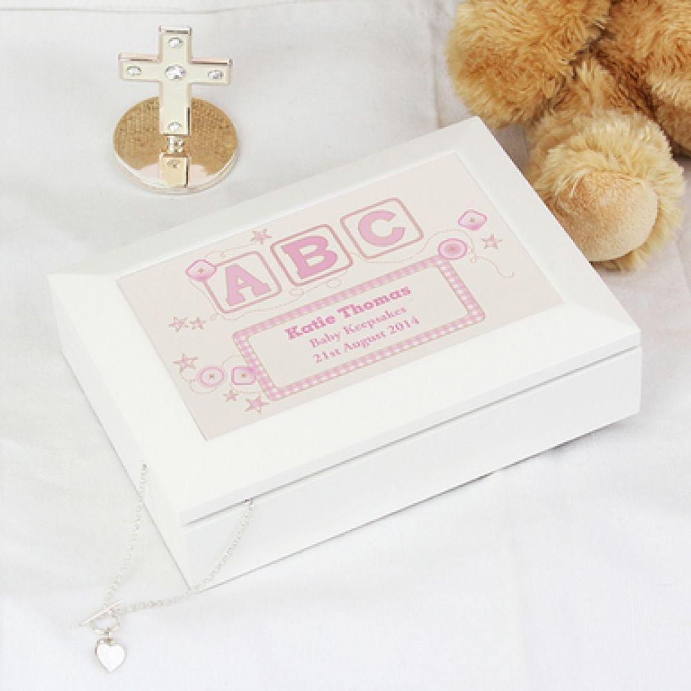 ABC White Cross Logo - Personalised Pink Abc White Wooden Keepsake Box P1011a50 | Encraze
