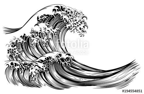 Japanese Wave Black and White Logo - Great Wave Japanese Style Engraving