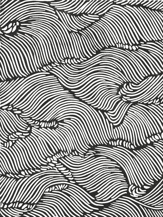 Japanese Wave Black and White Logo - Lino Print ROLLING WAVES Black & White Abstract Japanese | Etsy