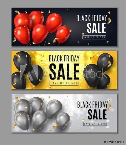 Yellow Ball Red Banner with Logo - Black Friday Sale Horisontal Web Banners. Flying Shine Balloons on ...