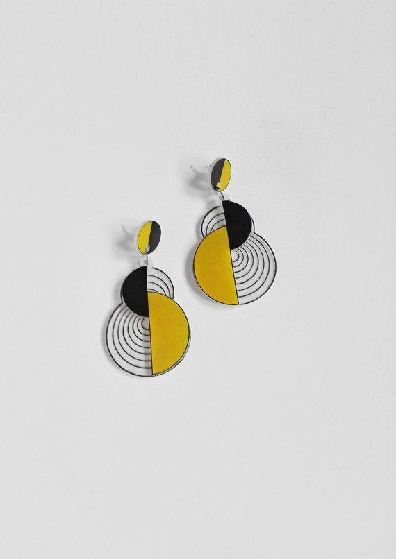 Yellow and Black Swirl Logo - Yellow Black Swirl Earrings Semicircle Earrings Acrylic