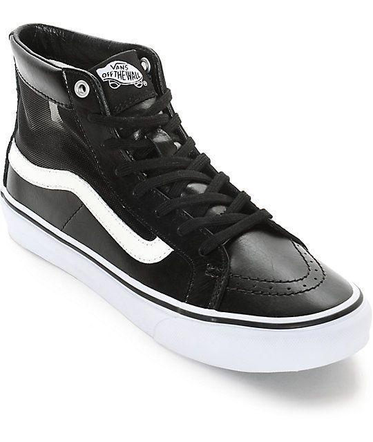 Leather Vans Logo - A sleek black synthetic leather high top upper finished mesh side