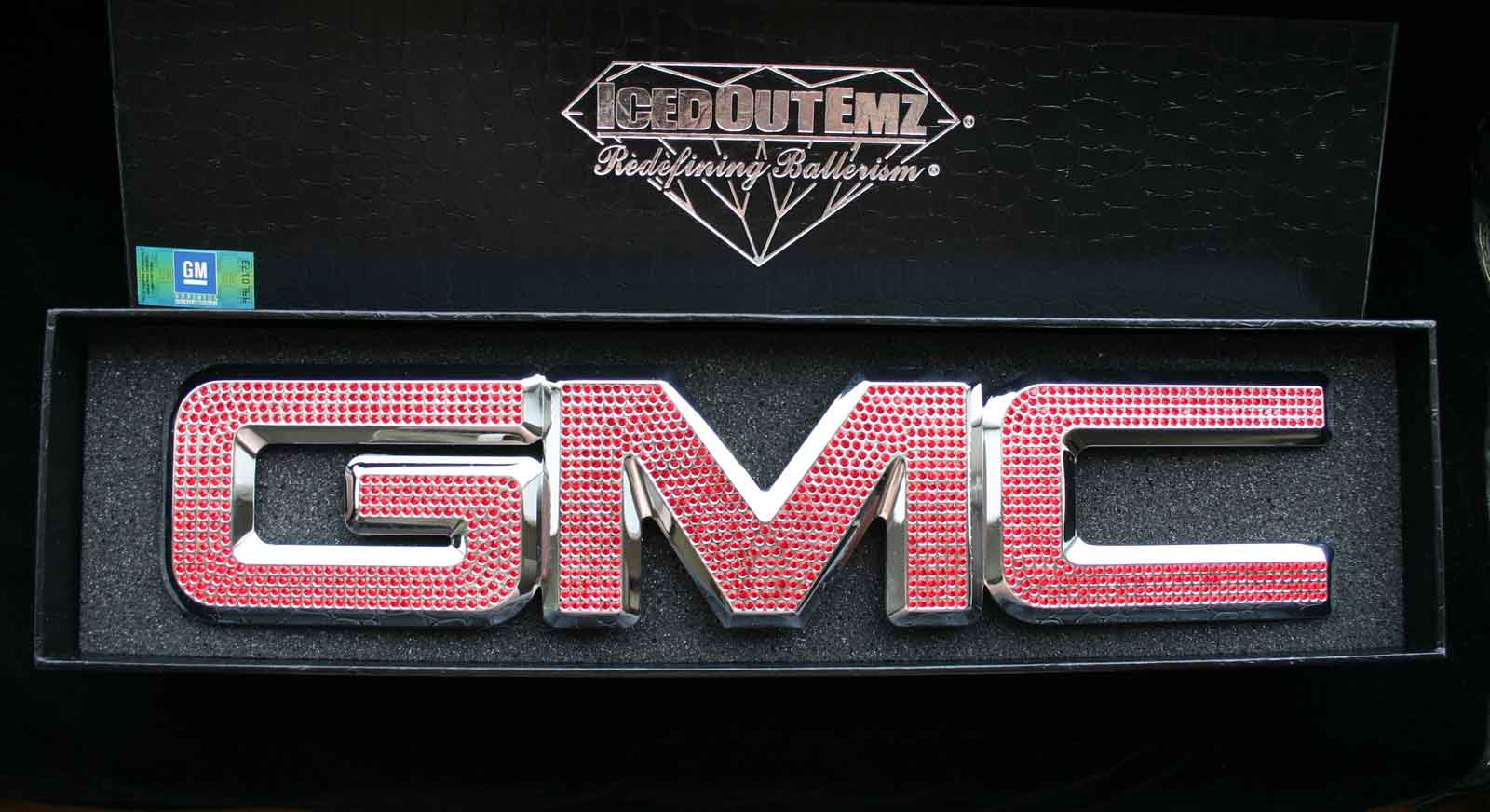GMC Denali Logo - Iced Out Emz Chrome GMC Grille Emblem Red Swarovski Badge