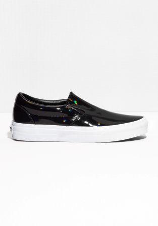 Leather Vans Logo - VANS Classic Slip Ons Featuring A Patent Leather Upper