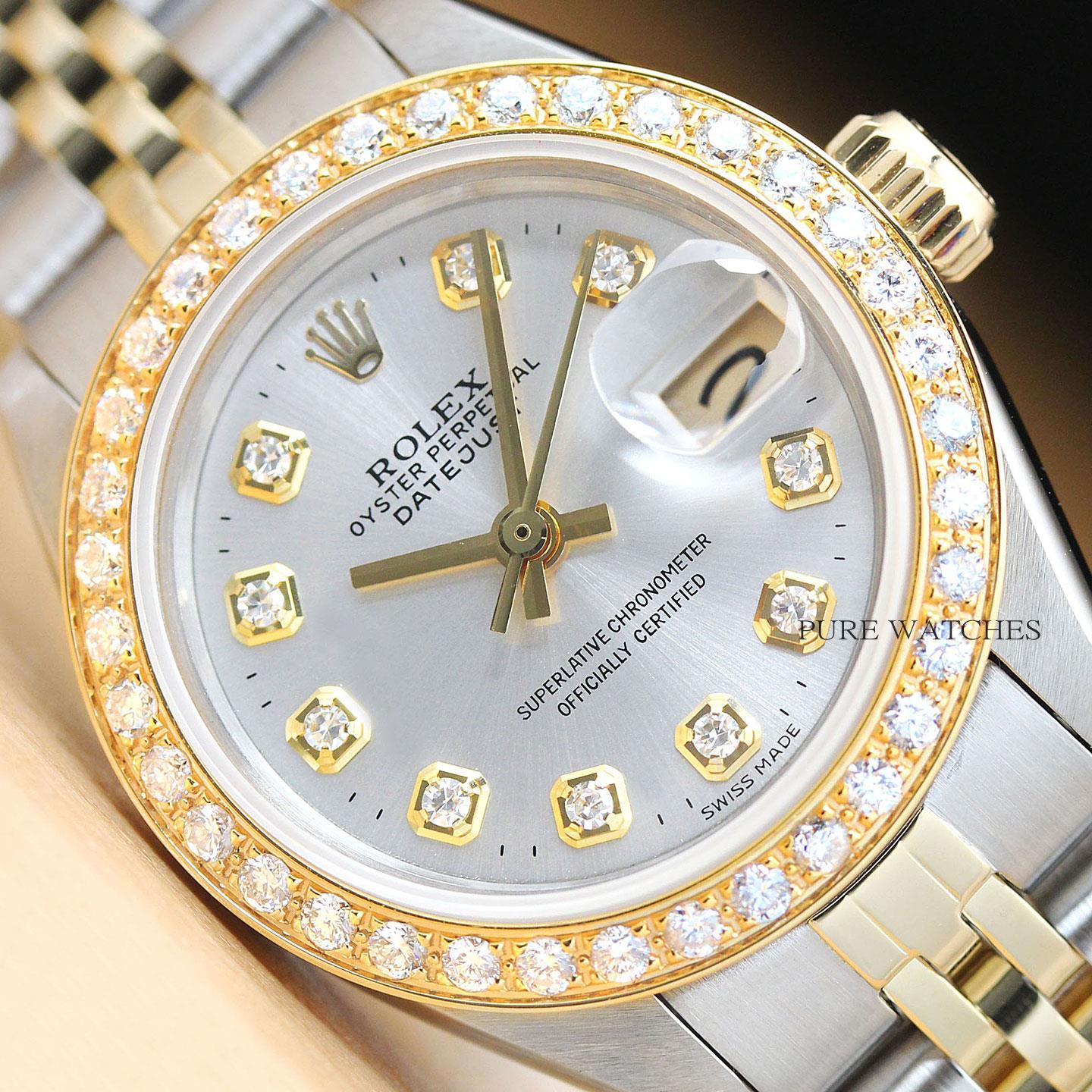 Yellow and Silver Diamond Logo - GENUINE ROLEX LADIES DATEJUST SILVER DIAMOND DIAL 18K YELLOW GOLD