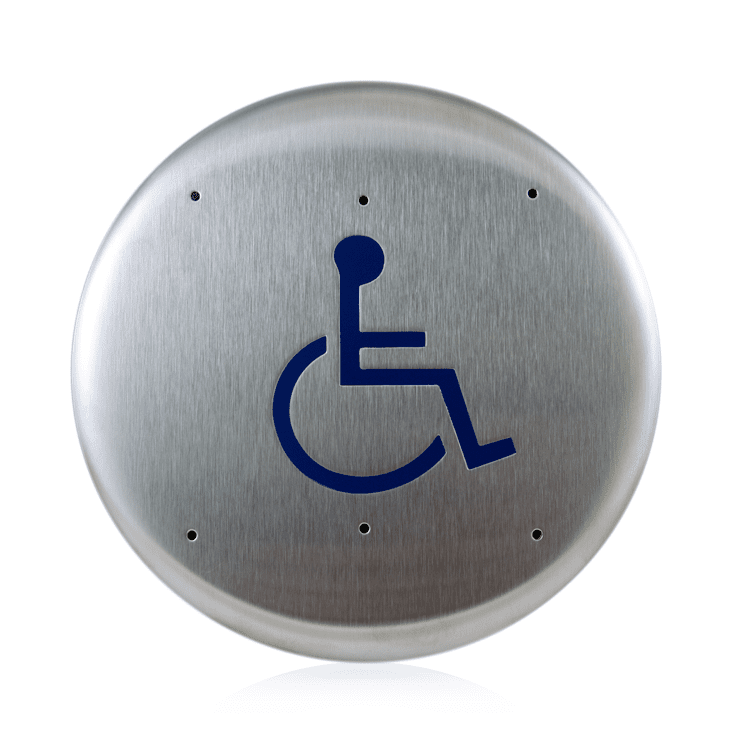 Grey and Blue Handicap Logo - BEA 6 Round Stainless Steel Push Plate W Blue Handicap Logo Only 10BRLL