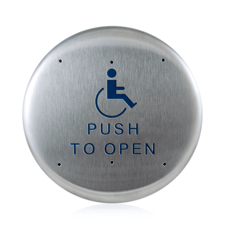 Grey and Blue Handicap Logo - BEA 6 Round Stainless Steel Push Plate W Blue Handicap Logo & Push