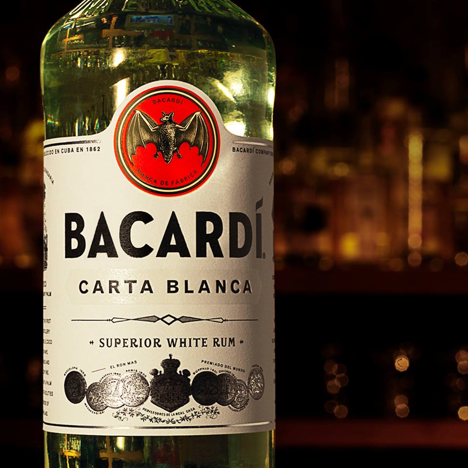 New Bacardi Bottle Logo - Bacardi white rum with a new white label. Key ingredient 40% alcohol