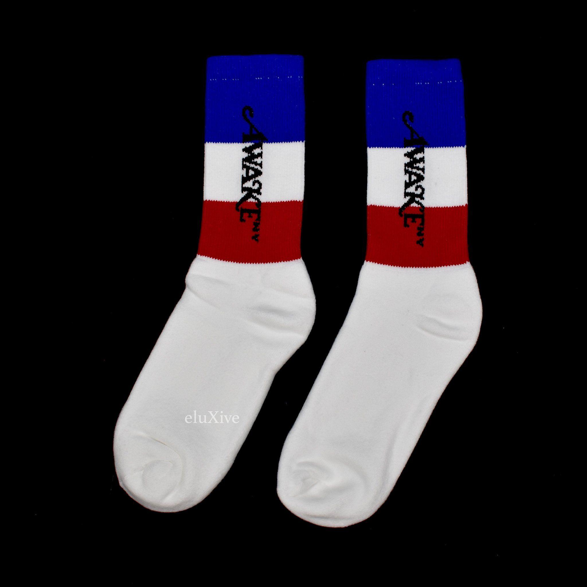 Red White and Blue Stripe Logo - Awake NY / White / Blue Stripe Logo Knit Crew Socks