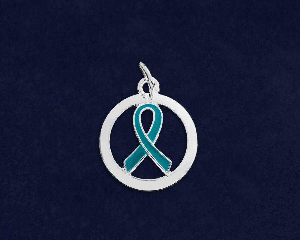 Pretty Silver Circle Logo - Silver Circle Teal Ribbon Charm, Ovarian Cancer Awareness Pendant
