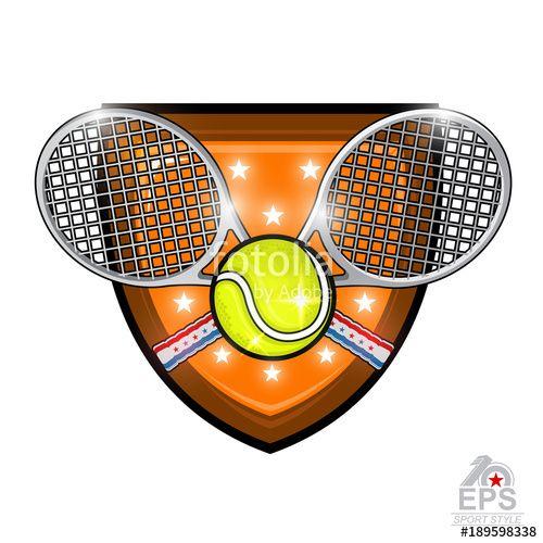 Crossed Racquets Logo - Crossed rackets with tennis ball in center of shield isolated