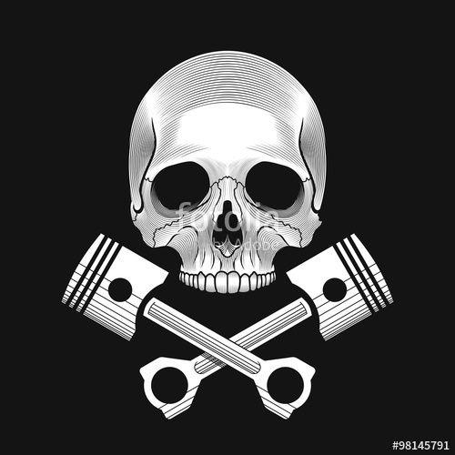 Printable Automotive Repair Shop Logo - The skull and crossed car engine pistons on the black background