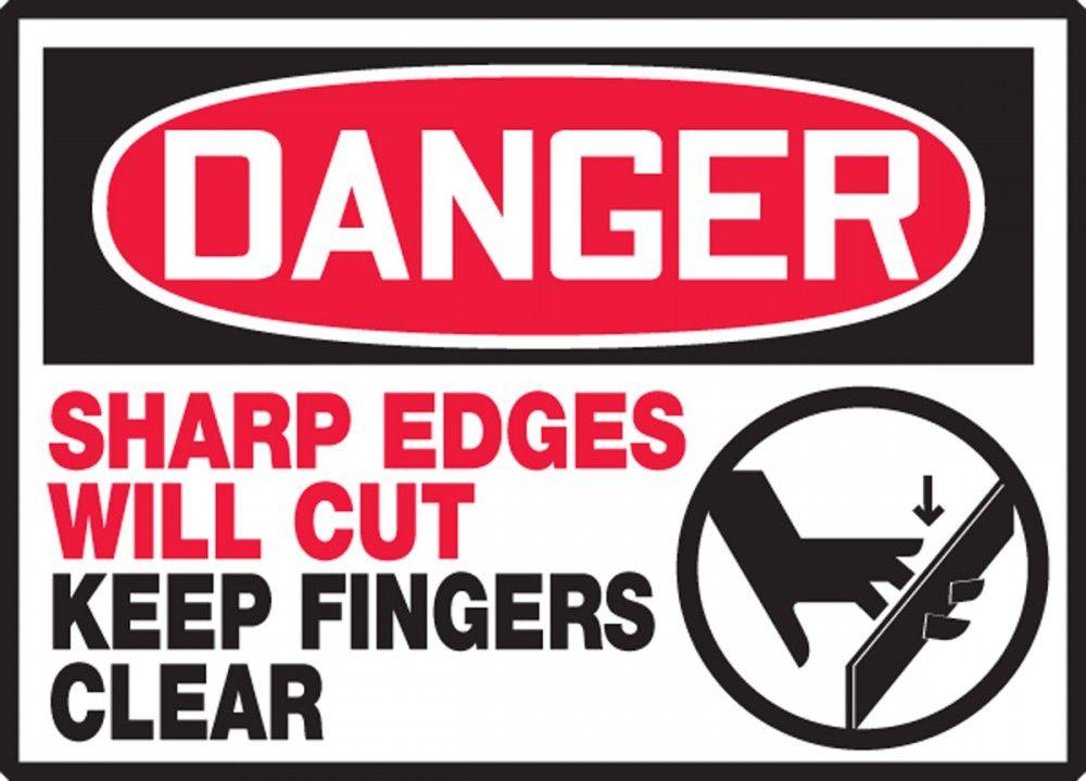OSHA SHARP Logo - Sharp Edges Will Cut Keep Fingers Out OSHA Danger Safety Label LEQM139