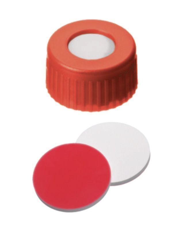 White with Red Center Logo - Fisherbrand™ 9mm PP Short Thread Seal, Red, Center hole, Assembled ...