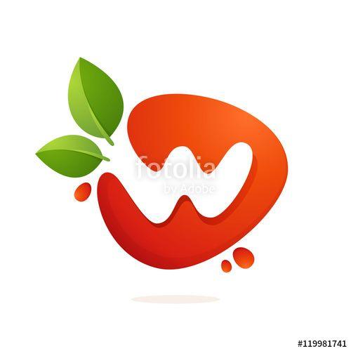 Red Letter w Logo - Letter W logo in fresh juice splash with green leaves. Stock image