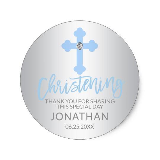 Blue Cross with Crown Logo - Modern Baby Blue Cross Christening Boy Thank You Classic Round ...