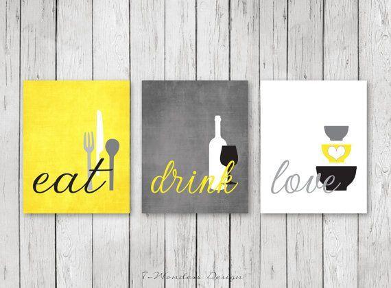 Black White Yello Logo - Kitchen Wall Art Print Set Drink Love, Grey, Black
